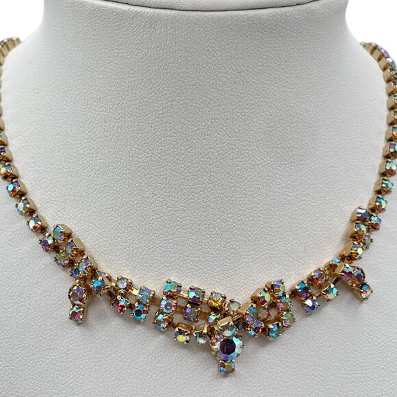 Vintage AB Aurora Borealis Rhinestone Gold-Tone Prong-Set Choker Necklace - Picture 2 of 10